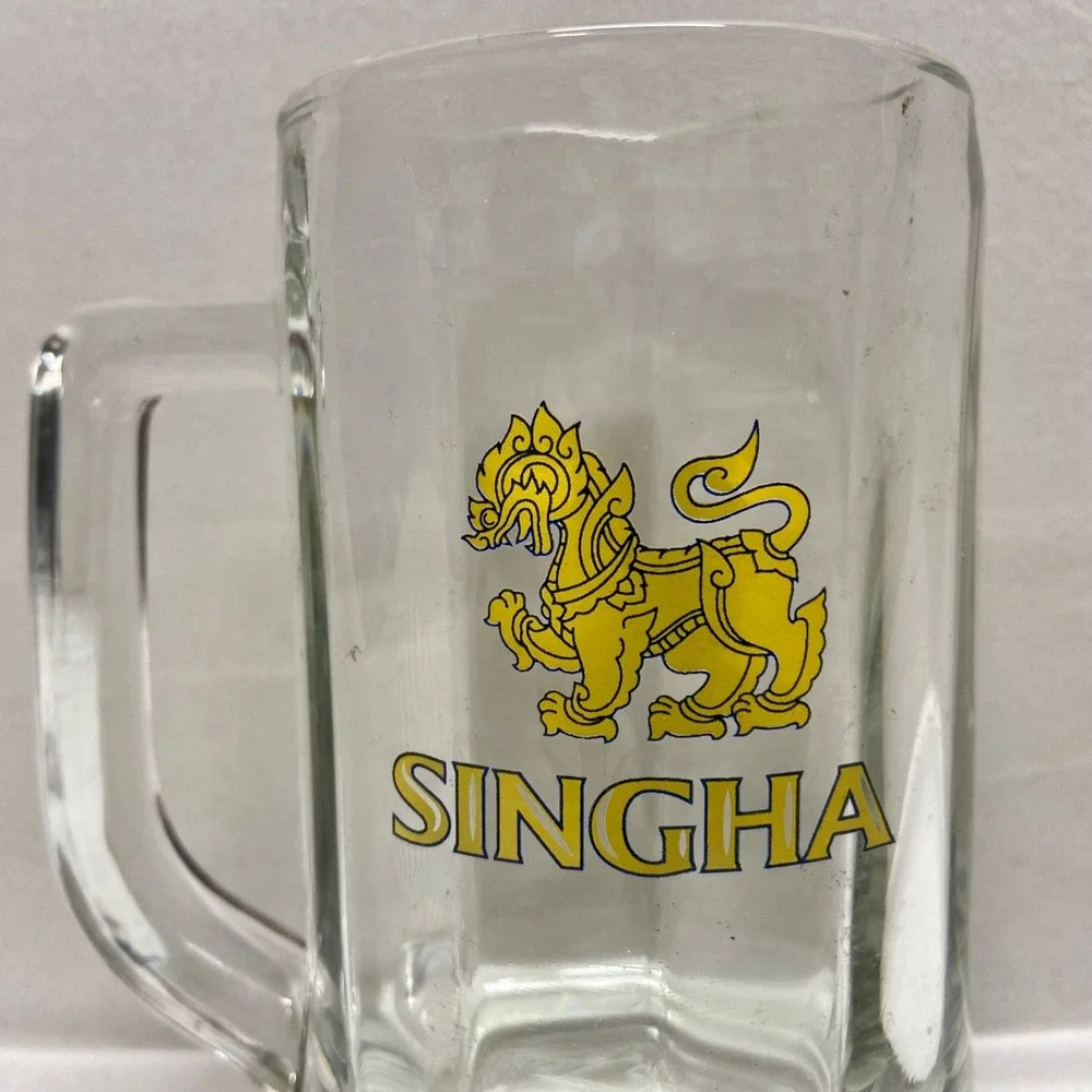 Singha Beer Mug Original Thailand Glass Collectible 12oz Drink ware GUC